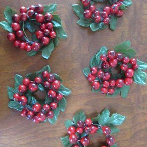 Cranberry Candle Rings set of 5 red berries and artificial green leaves